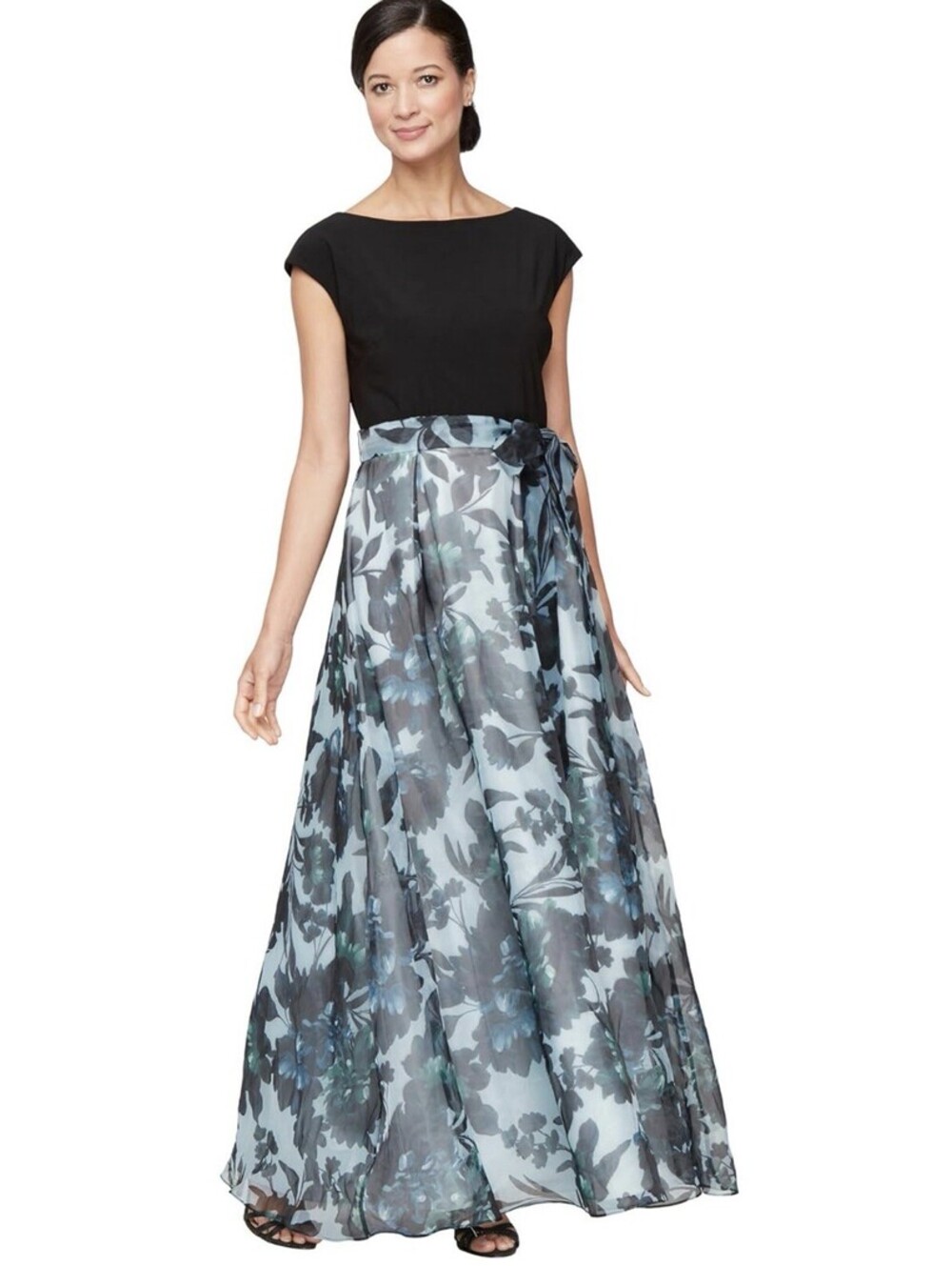 S.L. Fashions Long Floral Sleeveless Dress w/Belt Size 10P Black/Multi NWT $159